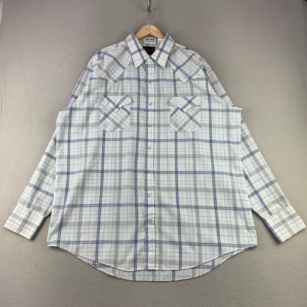 Plains Western Pearl Snap Shirt Mens XLT White Blue Plaid Tall Man Long Sleeve
